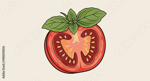 Sliced red tomato with vibrant green basil leaves, artistically rendered