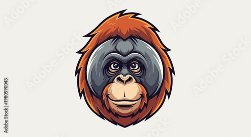 A stylized, cartoonish orangutan face with orange fur, grey skin, and expressive eyes