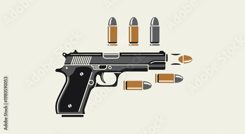 Stylized handgun with ammunition, depicting motion with ejected and queued cartridges
