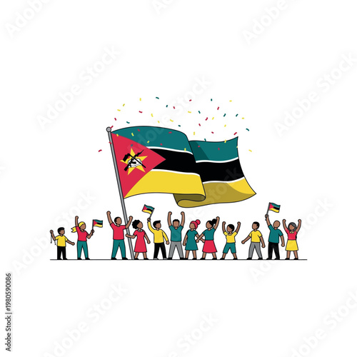 People celebrate with Mozambique flag waving and confetti in the air outdoors