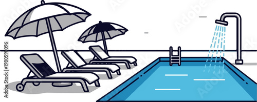 A bright blue swimming pool with a shower and lounge chairs under umbrellas