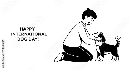 A young person kneeling and petting a happy dog for International Dog Day illustration.