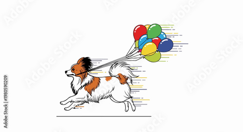 A small dog with long fur runs enthusiastically, pulling a bunch of colorful balloons