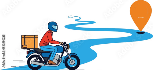 A person on a motorcycle with a delivery box navigates a winding path towards a destination marker