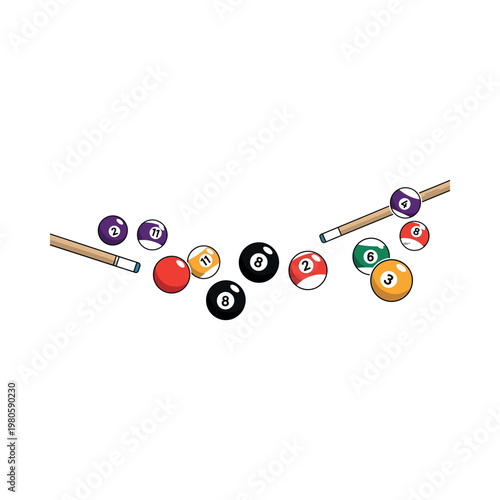 Two pool cues strike colorful billiard balls in a game.