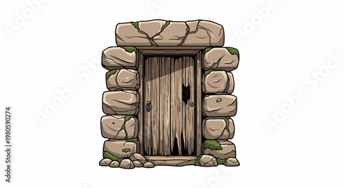 Ancient moss-covered stone entryway with a weathered, broken wooden door