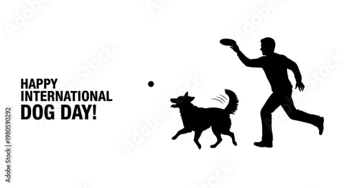 Silhouette illustration of a man playing fetch with his dog for International Dog Day.
