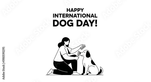 A young woman training and playing with her pet dog illustration.
