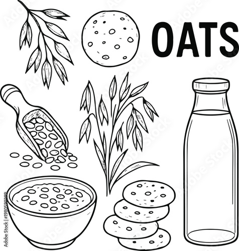 line art illustration of various oat-related elements doodle set, Collection of icons related to oat grain and food. perfect for educational materials or product design