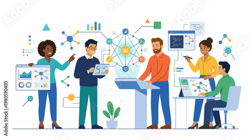 Team of professionals collaborating on data visualization and strategy in a modern office.