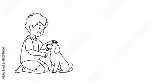 A cute little boy petting his happy puppy dog line art illustration.