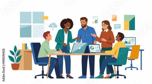 Collaborative diverse team in a modern office meeting discussing project plans and strategy.