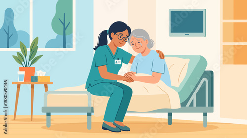 Caring caregiver provides comforting assistance to elderly person at home.