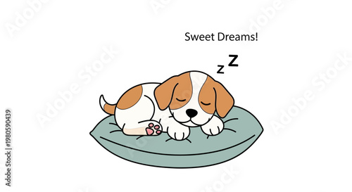 Cute cartoon puppy sleeping on a soft pillow with Sweet Dreams text.