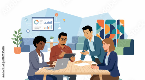 Diverse team collaboration around a table in a modern business meeting setting for brainstorming and planning.