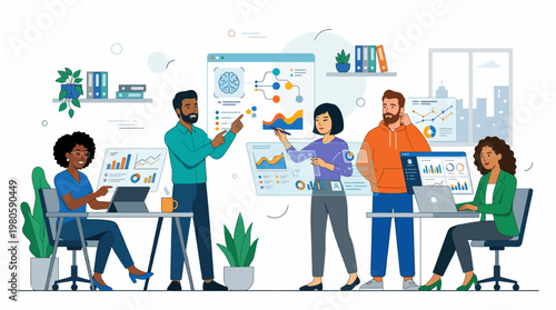 Diverse team presenting ideas during a collaborative office brainstorming session.