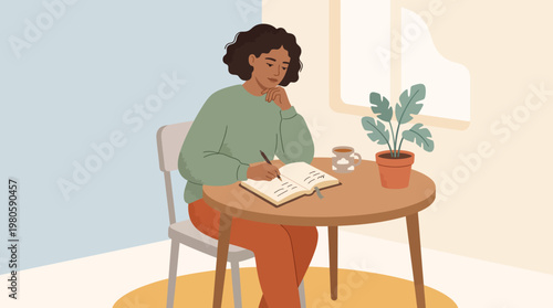 Woman sitting at a cozy table writing in a bright room at home for a productive moment.