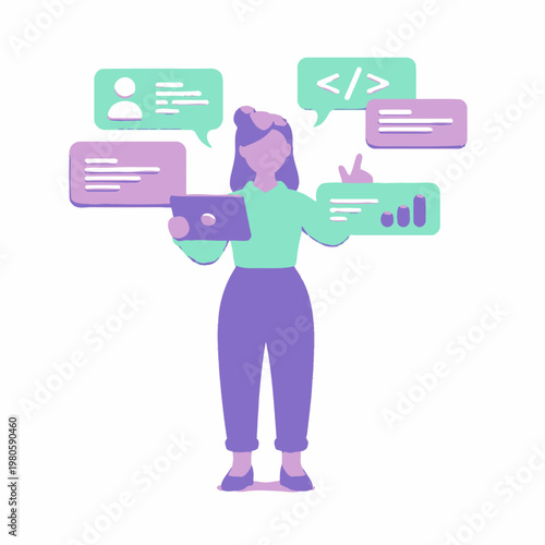 Woman holding laptop with purple hair.