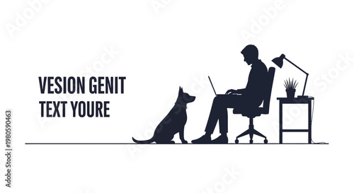 Silhouette of a man working on a laptop with his dog sitting nearby.