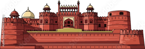 Imposing red sandstone fortress with multiple domes, towers, and an arched gateway