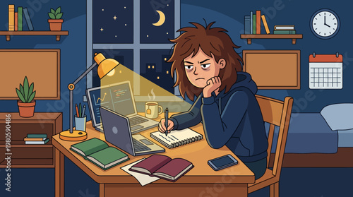 Young woman studies late at night with glowing laptop, books, and cozy desk setup.