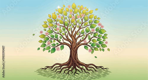 A stylized illustration of a tree with abundant green leaves and small pink blossoms on its branches, roots exposed