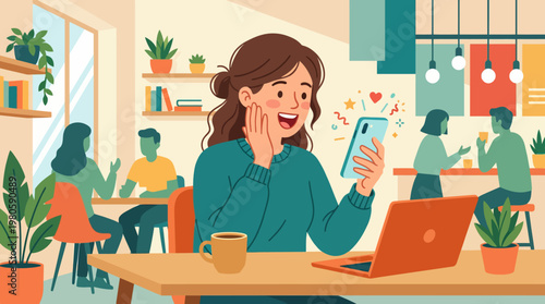 Young woman at a cozy cafe working on a laptop and checking her smartphone.