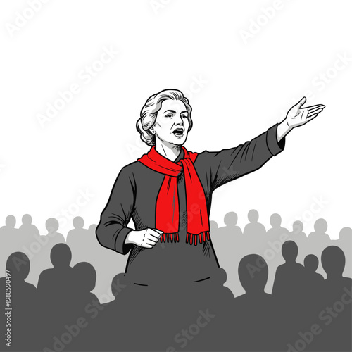 Woman Speaking in Front of Crowd.