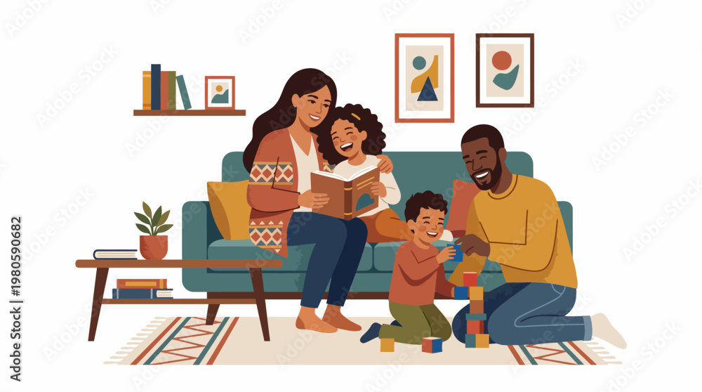 Fototapeta premium A Multigenerational Family Enjoys Story Time Together on a Cozy Living Room Sofa.