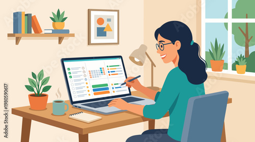 Illustration of a woman working at a desk with laptop and plants in a bright home office scene.