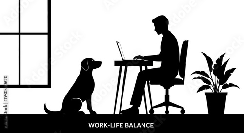 Silhouette of a man working on a laptop with a dog sitting nearby.