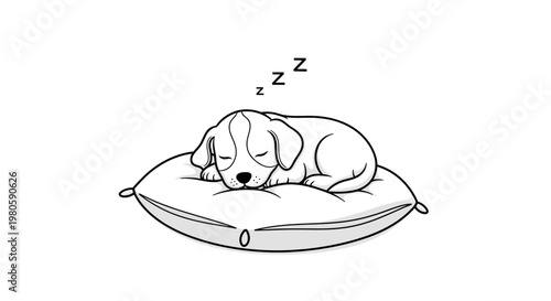 A cute puppy sleeping peacefully on a soft pillow line art illustration.