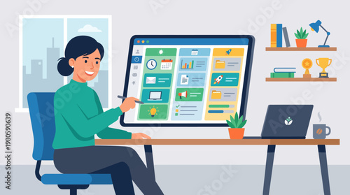 Modern office worker analyzes data dashboard on large monitor in a bright workspace.