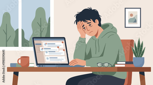 Overwhelmed man at a laptop desk in a cozy home office setting.