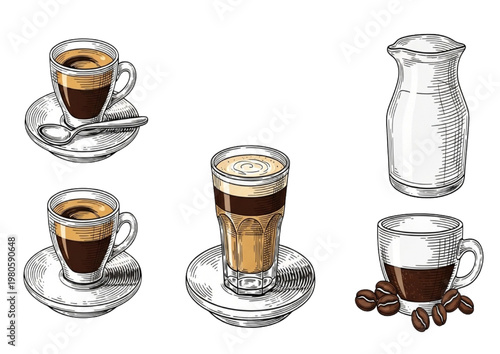 Collection of Coffee Drinks and Creamer on a White Background
