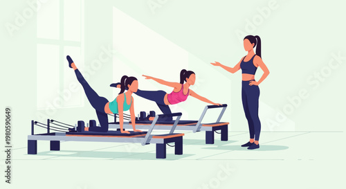Instructor guiding two women in a pilates class on reformers