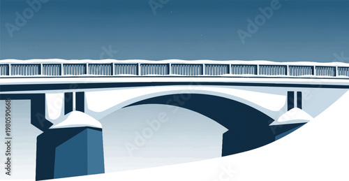 A snow-covered bridge arches over dark, cold water under a pale blue sky