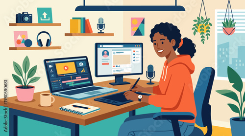 Casual professional woman working at a modern home office with a computer setup and plants, balancing design and coding tasks.