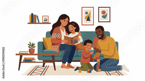 A Multigenerational Family Enjoys Story Time Together on a Cozy Living Room Sofa.