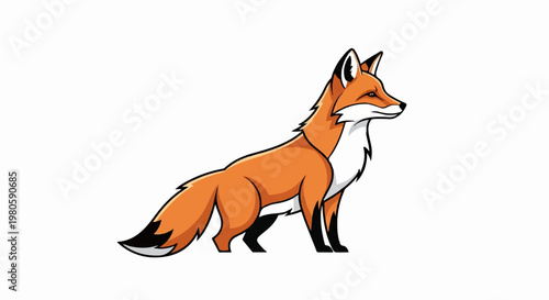 A cartoon fox with orange fur, black accents, and white chest stands alert
