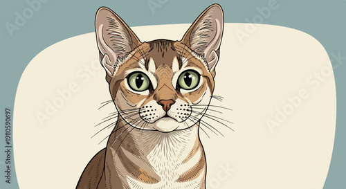 A close-up illustration of a tabby cat's face, with bright green eyes and intricate fur detail
