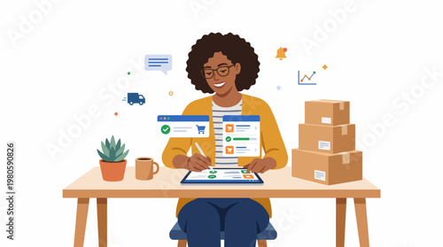 Young woman works from a home office surrounded by boxes and plants at a tidy desk.