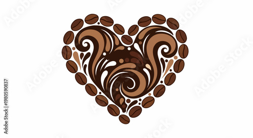 A stylized heart composed of coffee beans and swirling brown liquid splashes