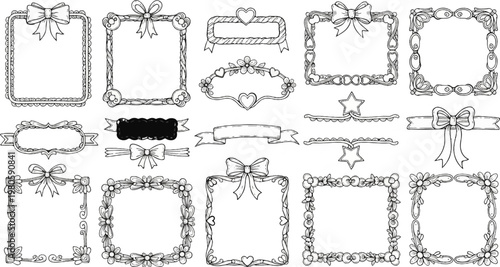 Collection of decorative borders and frames with bows, flowers, hearts, and ribbons