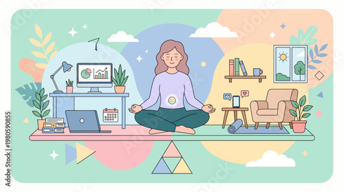 Calm meditation session in a cozy home studio with plants, books, and a laptop desk setup.