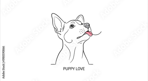 Minimalist line art illustration of a cute puppy head with tongue out.