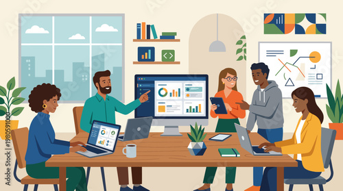 Scenes of a diverse team collaborating in a modern office during a business meeting with charts and laptops.