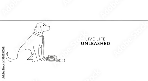 Minimalist line art illustration of a sitting dog with a leash and the text Live Life Unleashed.