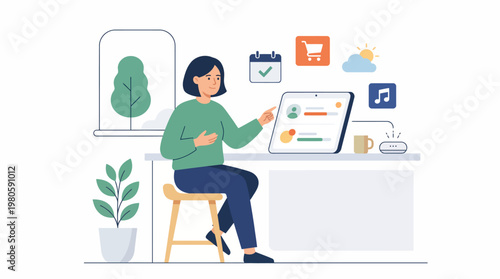 Person Working at Modern Home Office with Laptop and Plants.