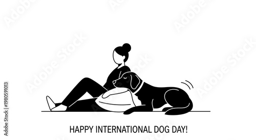 Minimalist illustration of a young woman resting with her dog.